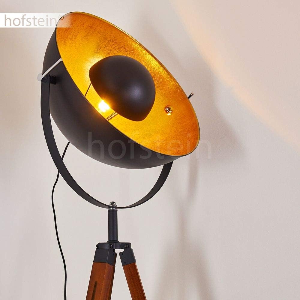 Stehlampe Jupiter, Vintage Stehleuchte in Schwarz/Gold aus Metall m. Gestell aus Holz, Ø 55cm, E27-Fassung, verstellbare Bodenleuchte im Retro-Design, ohne Leuchtmittel