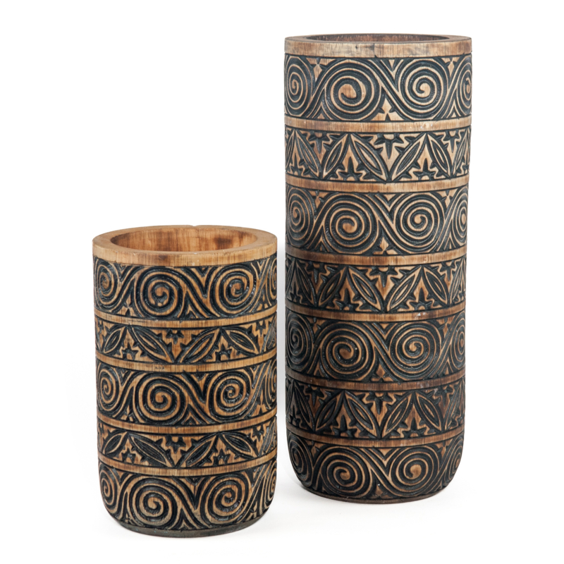 Houten handgesneden vaas Tribal natural/zwart Medium