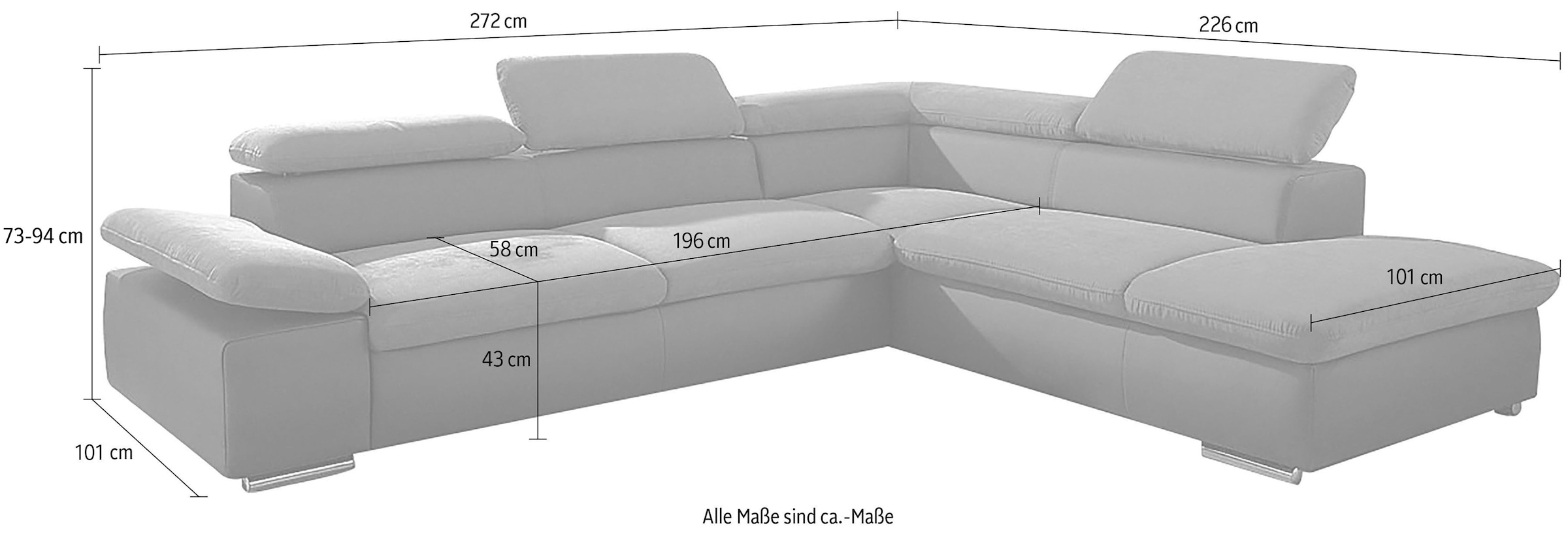 sit&more Ecksofa »Valentine L-Form, B: 272 cm« mit Arm- & Kopfteilverstellung, optional mit Bettfunktion