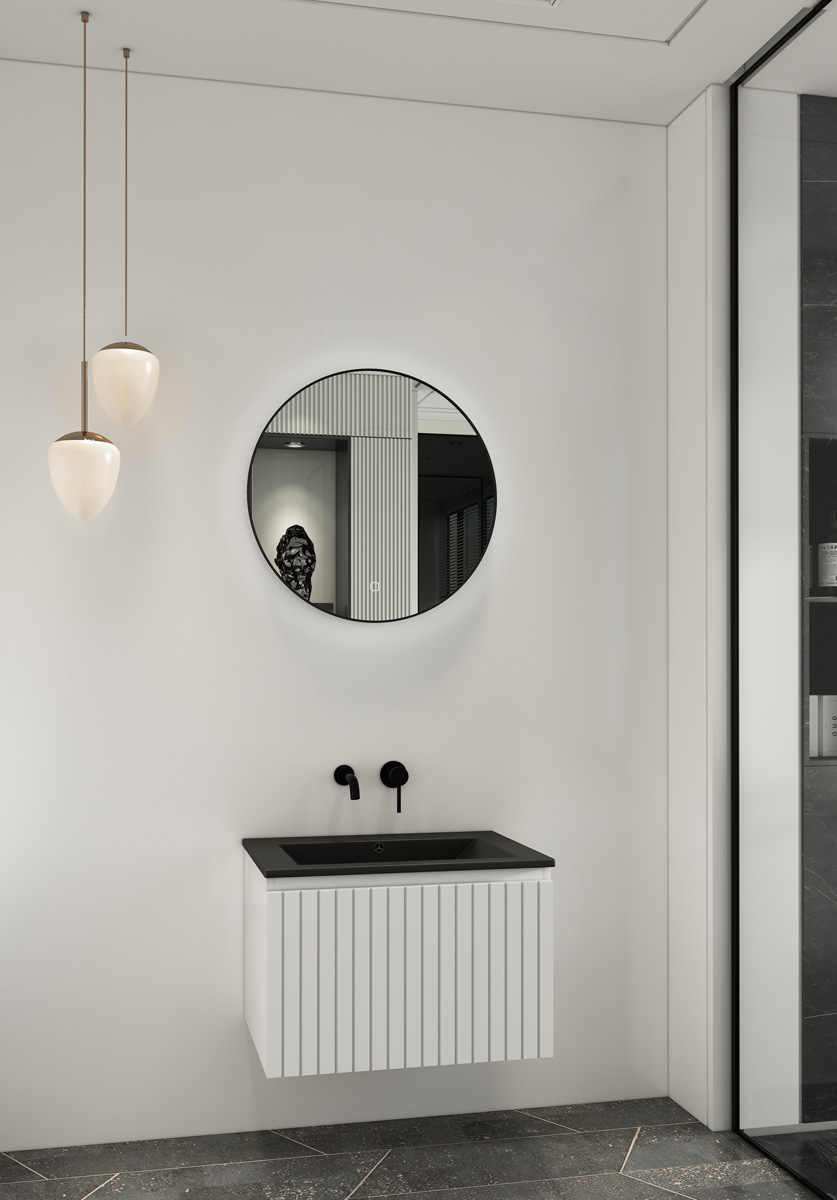 Fontana Lento wit badkamermeubel ribbelfront met zwarte wastafel 60cm zonder kraangat en ronde spiegel