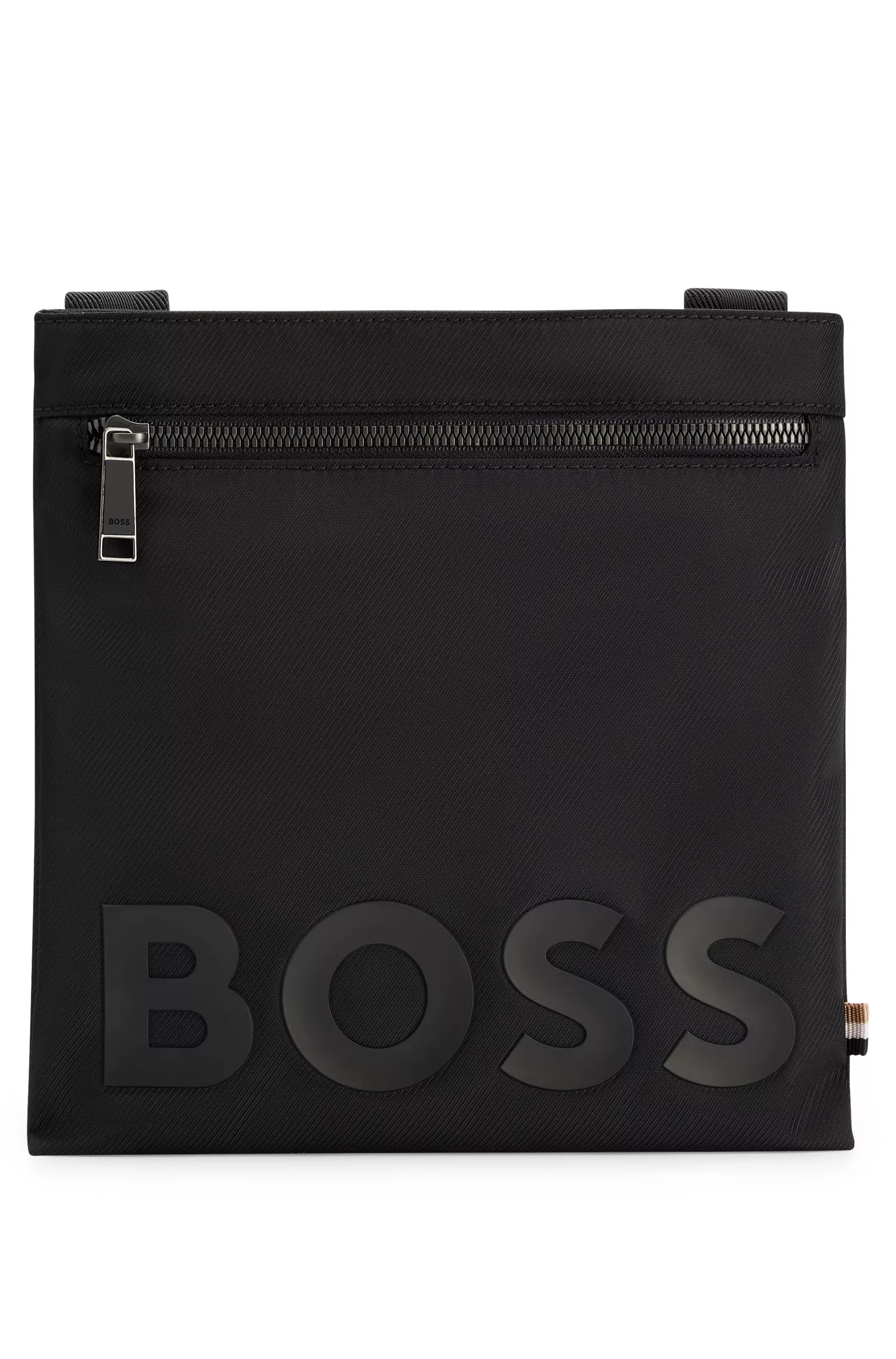 Bolsa envelope BOSS com logotipo preto em material reciclado texturizado.