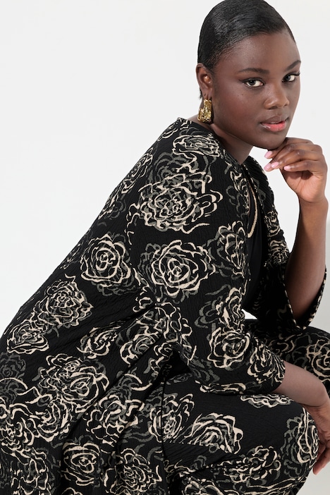 Jacquard-Jacke, Blüten, A-Linie, V-Ausschnitt, 3/4-Arm