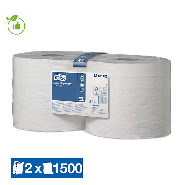Bobine d'essuyage blanche Tork 1500 formats, lot de 2
