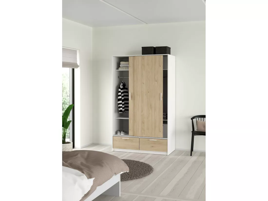 Garde-robe 2 portes Dschoute, Meubles de chambre, Penderie de plain-pied, Placard à vêtements, 121x60 h200 cm, Blanc et Chêne clair