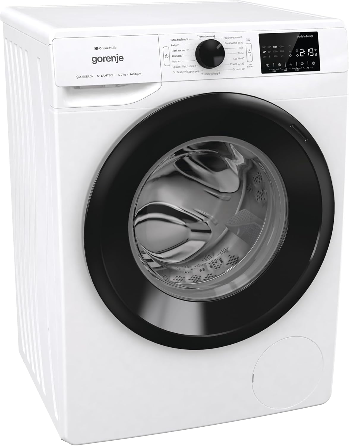 Gorenje WPNEI74A1TS Waschmachine mit Dampffunktion/ConnectLife / 7Kg / 1400 U/min / 15 Programme/Totaler AquaStop/WaveActive Trommel/ExtraHygiene/PowerWash/Schnell Waschgang/EEK: A-10%