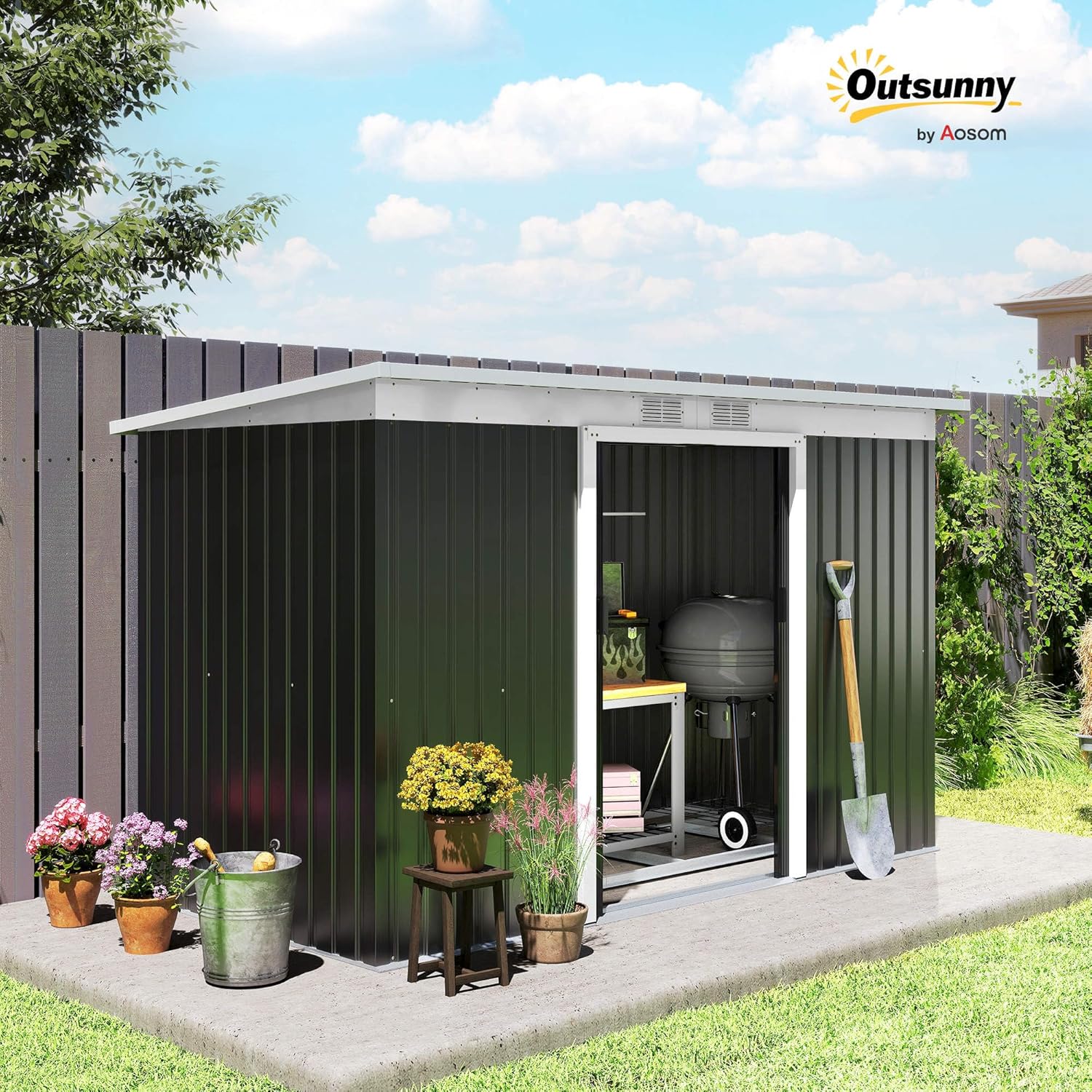 Outsunny Metall Gerätehaus 6,3m³ 280x130x172cm Geräteschuppen mit Pultdach Schiebetür wetterfest Gartenhaus Outdoor Garten Schuppen Schrank für Hinterhof Außenbereich Anthrazit, Dunkelgrau