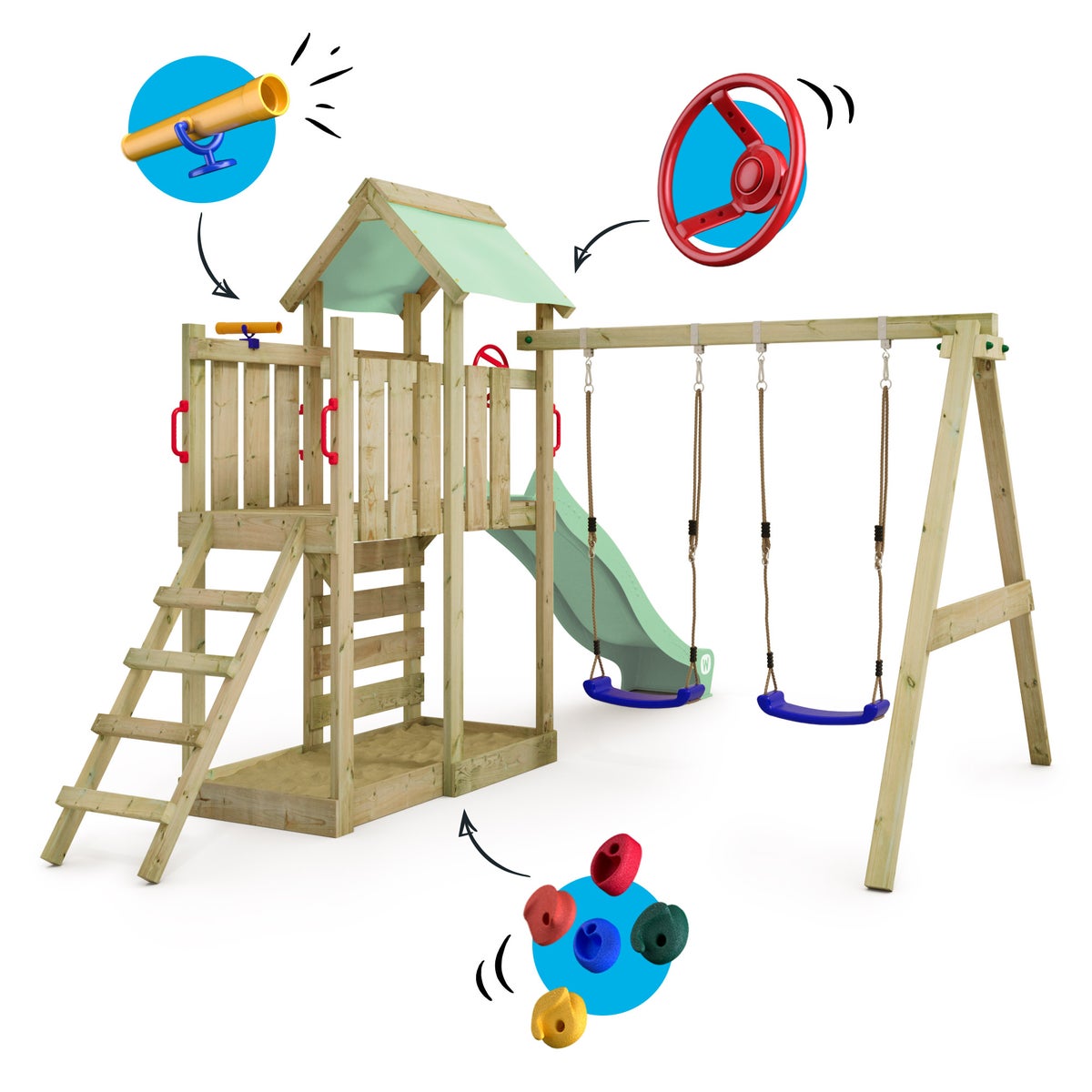 WICKEY MultiFlyer speeltoren klimtoestel met schommel en glijbaan, klimtoren met zandbak, ladder en speeltoebehoren – pastelgroen