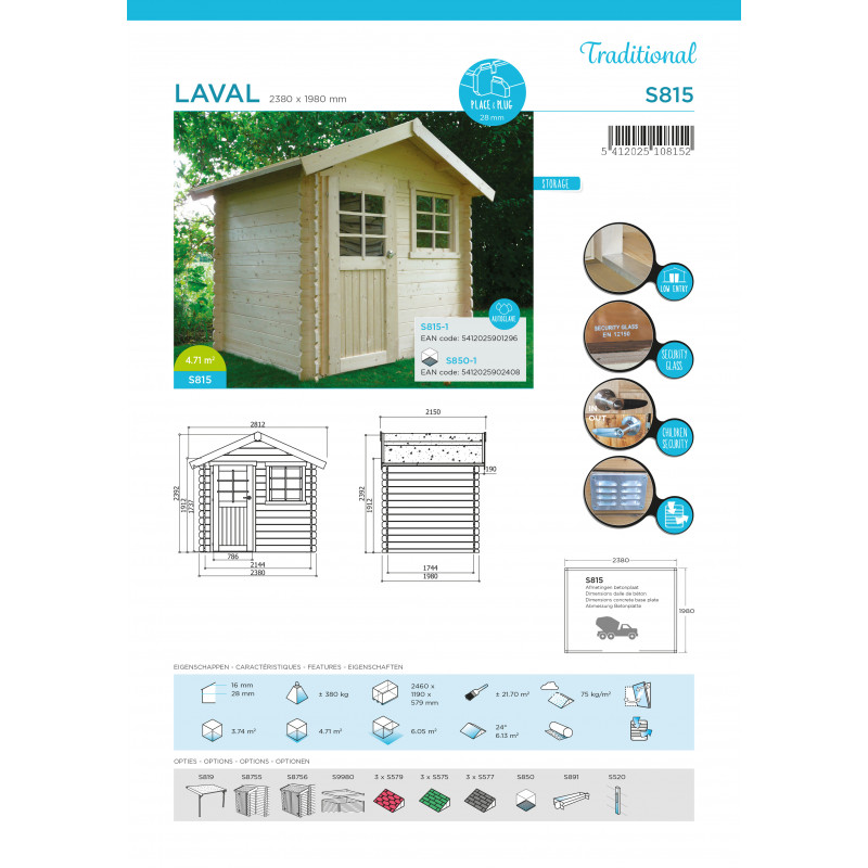 Abri de jardin laval bois imprégné 3,74 m²