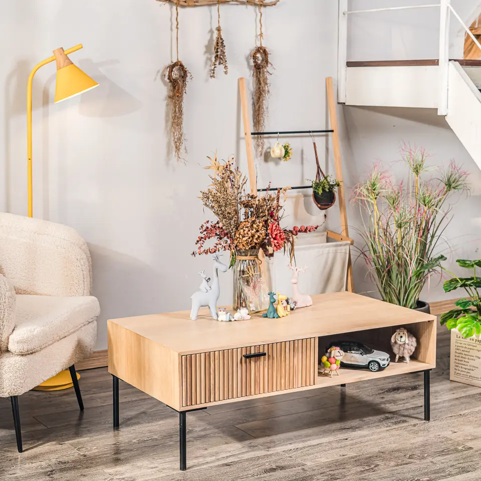 Salontafel met 1 lade van essen en metaal