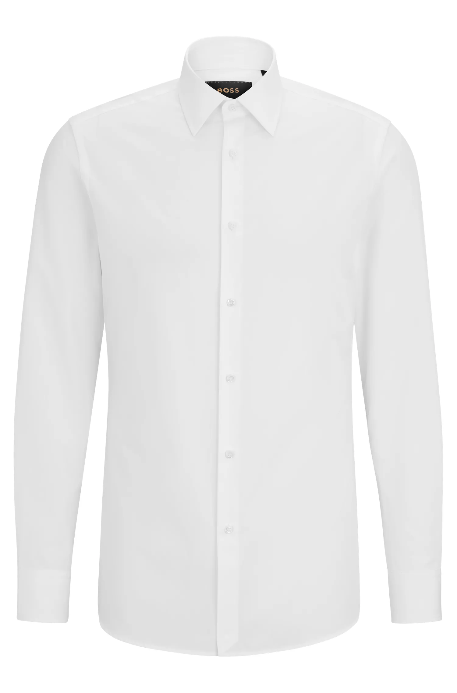 Camisa BOSS cor camelo, corte slim, em popeline de algodão italiana.