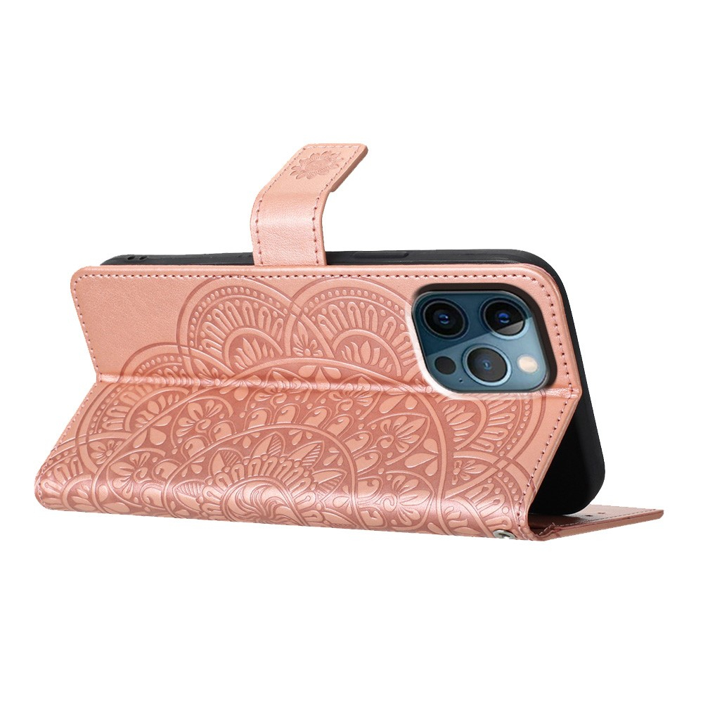 iPhone 16 Pro Max Leder Tasche Wallet - Mandala Flowers Imprint - Roségold