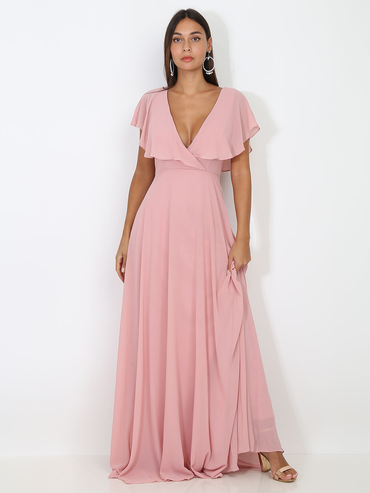 Robe longue décolleté à volants- Vieux rose