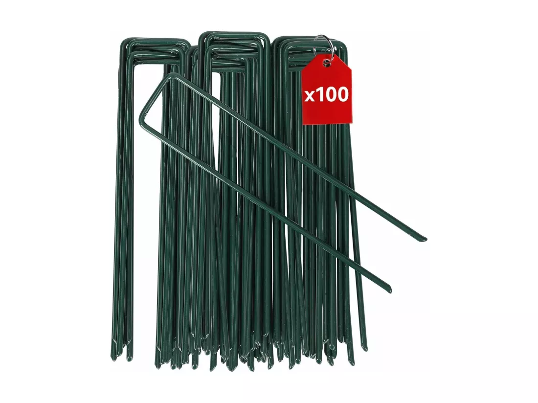 100 Pcs Fixation en Acier Vert - piquets de jardin antirouille - 150 mm, pour le contrôle des mauvaises herbes, membrane, tissu