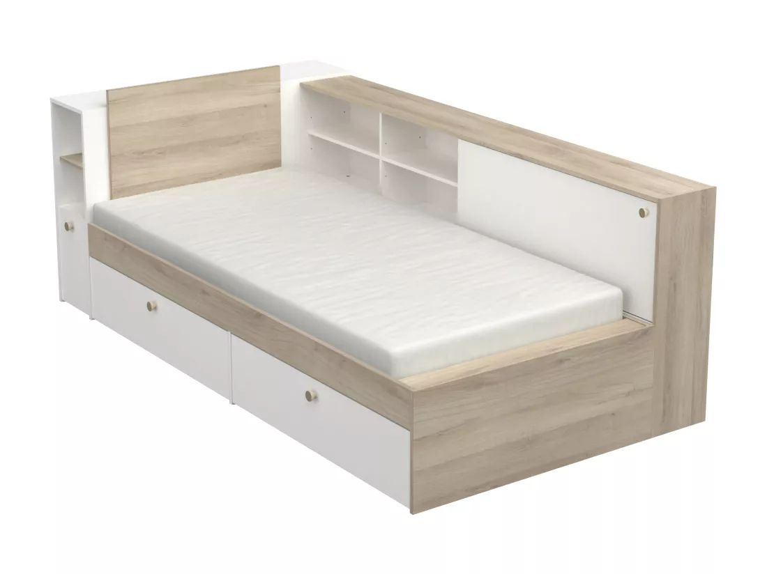 Lit modulable 90 x 190/200 cm avec rangements - Blanc et naturel - LIARA