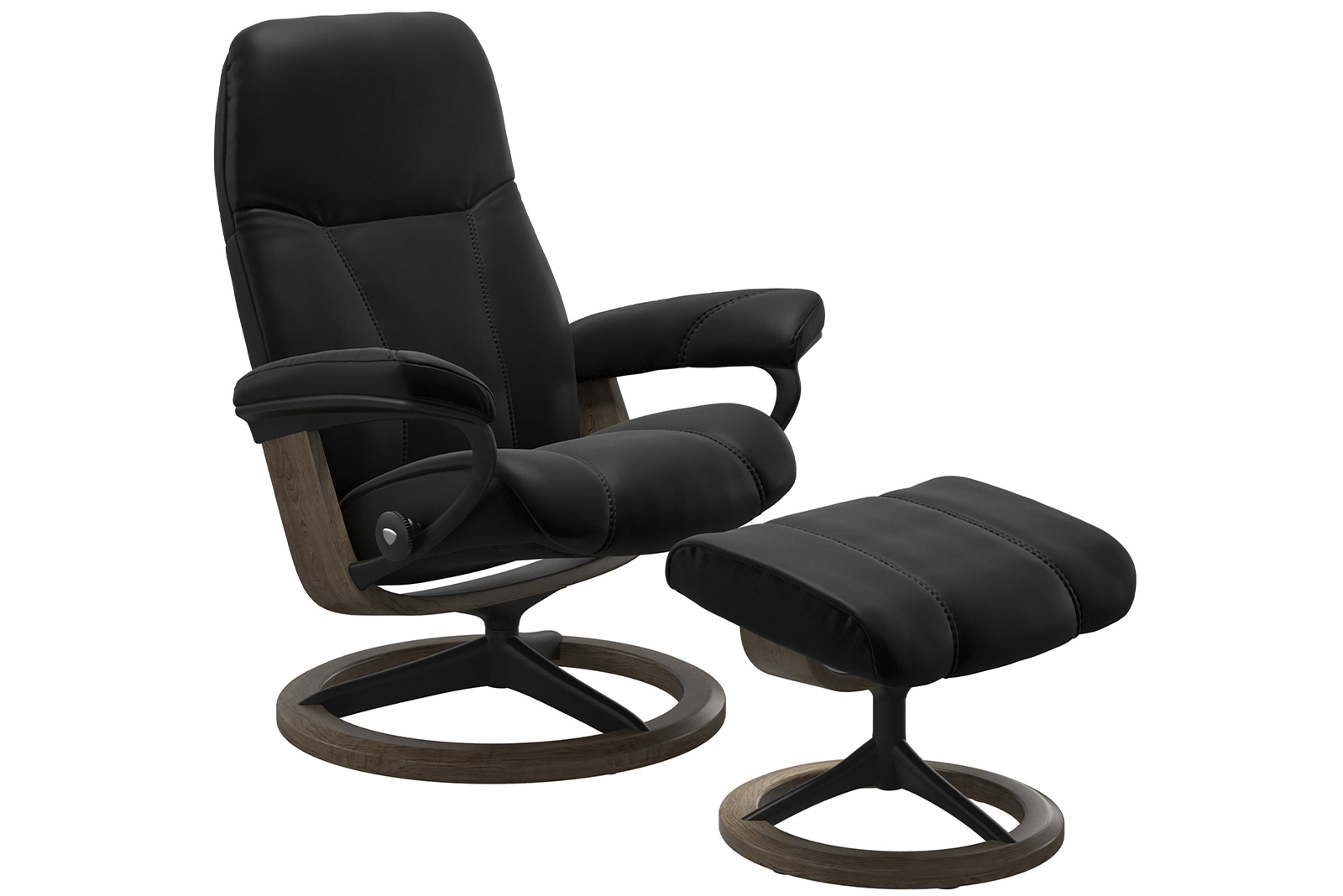 Consul lenestol m/krakk I hud Batick Black med Signature Matt sort smoked oak understell. Medium stol med krakk.
