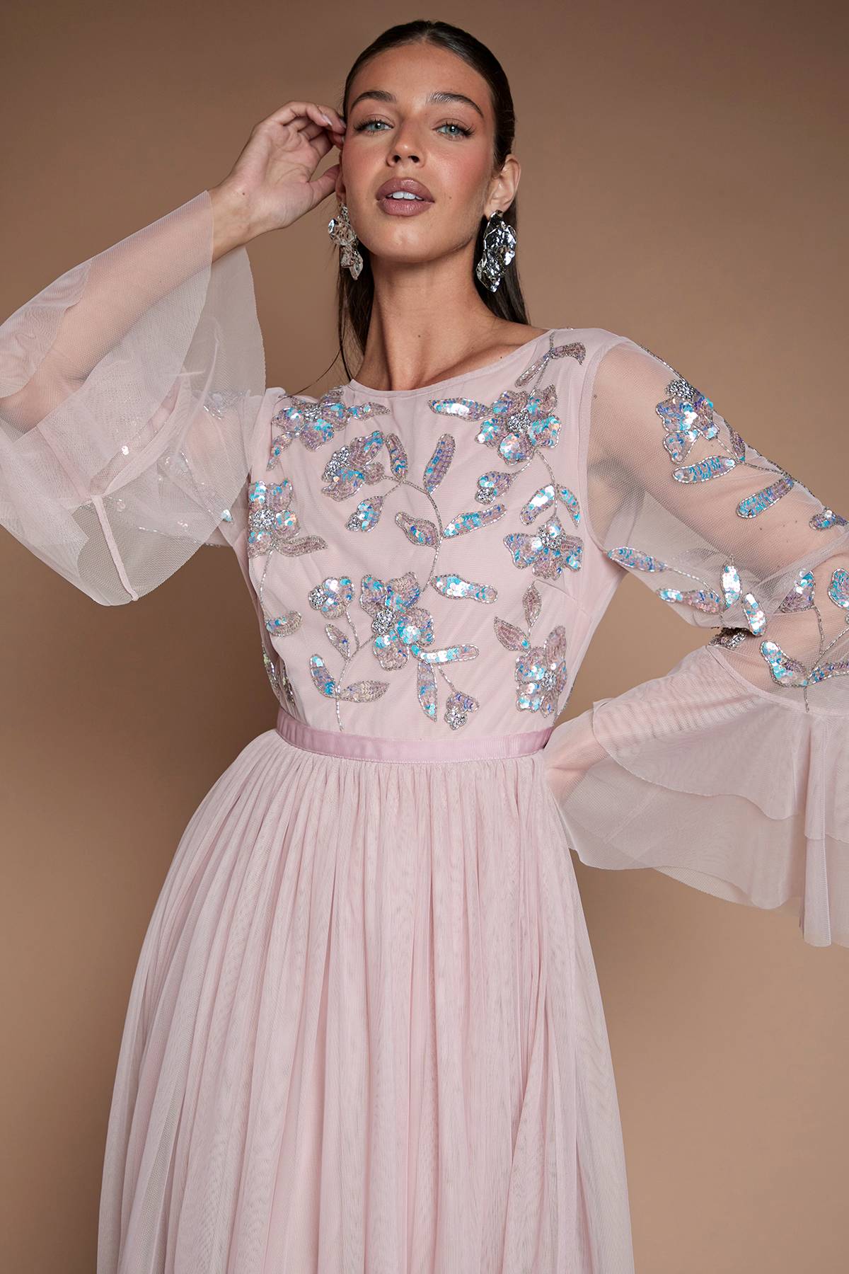 Coast Robe De Demoiselle D'honneur Longue En Tulle À Paillettes Avec Manches Longues Et Volants