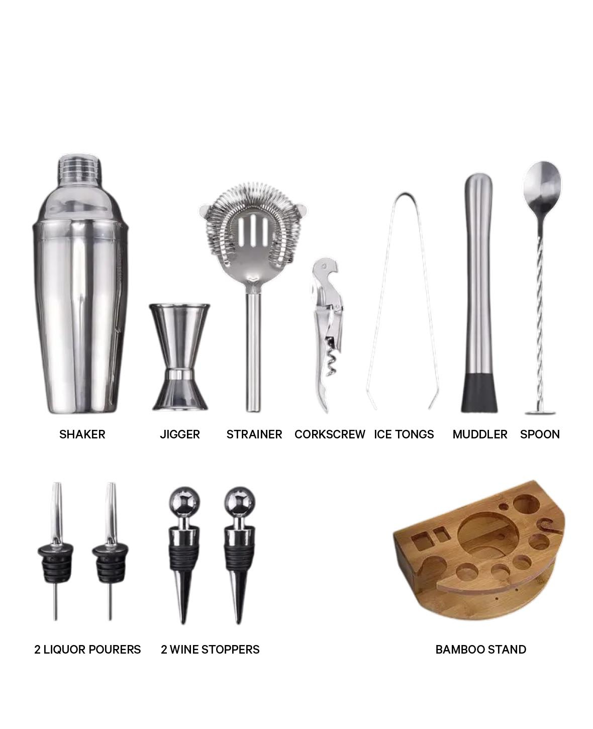 (12-tlg. Set) 350ml Edelstahl Cocktail Mixer Bar Shaker Kit inkl. Bambus Halterung - Silber