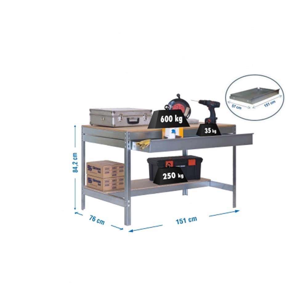 PROREGAL Buffalo werkbank met lade, afmetingen (H x B x D): 84 x 150 x 76 cm, draagvermogen: 600 kg, gegalvaniseerd