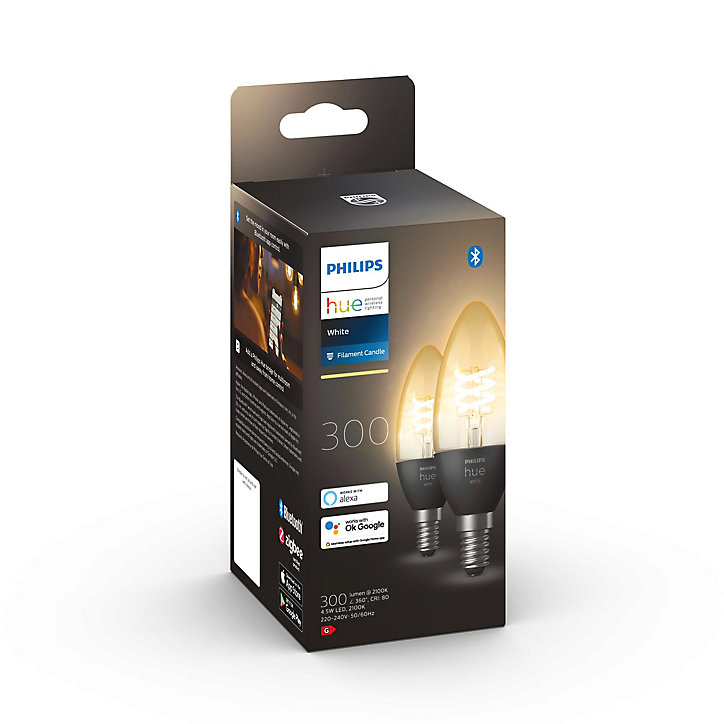 2 ampoules LED connectée Philips Hue flamme IP20 E14 300lm 4.5W blanc chaud