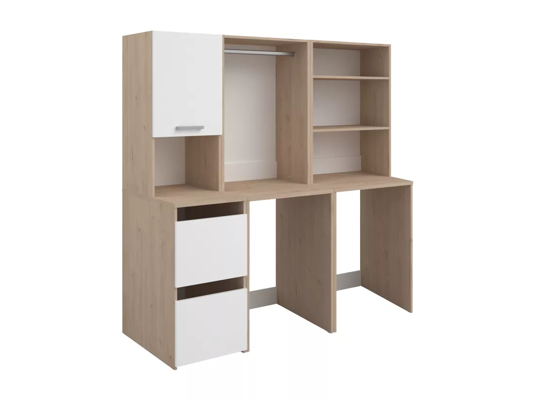 Meuble pour 2 machines à laver avec étagères, penderie et placards - Naturel clair et blanc - L176 x H184 x P66 cm - ERKANO