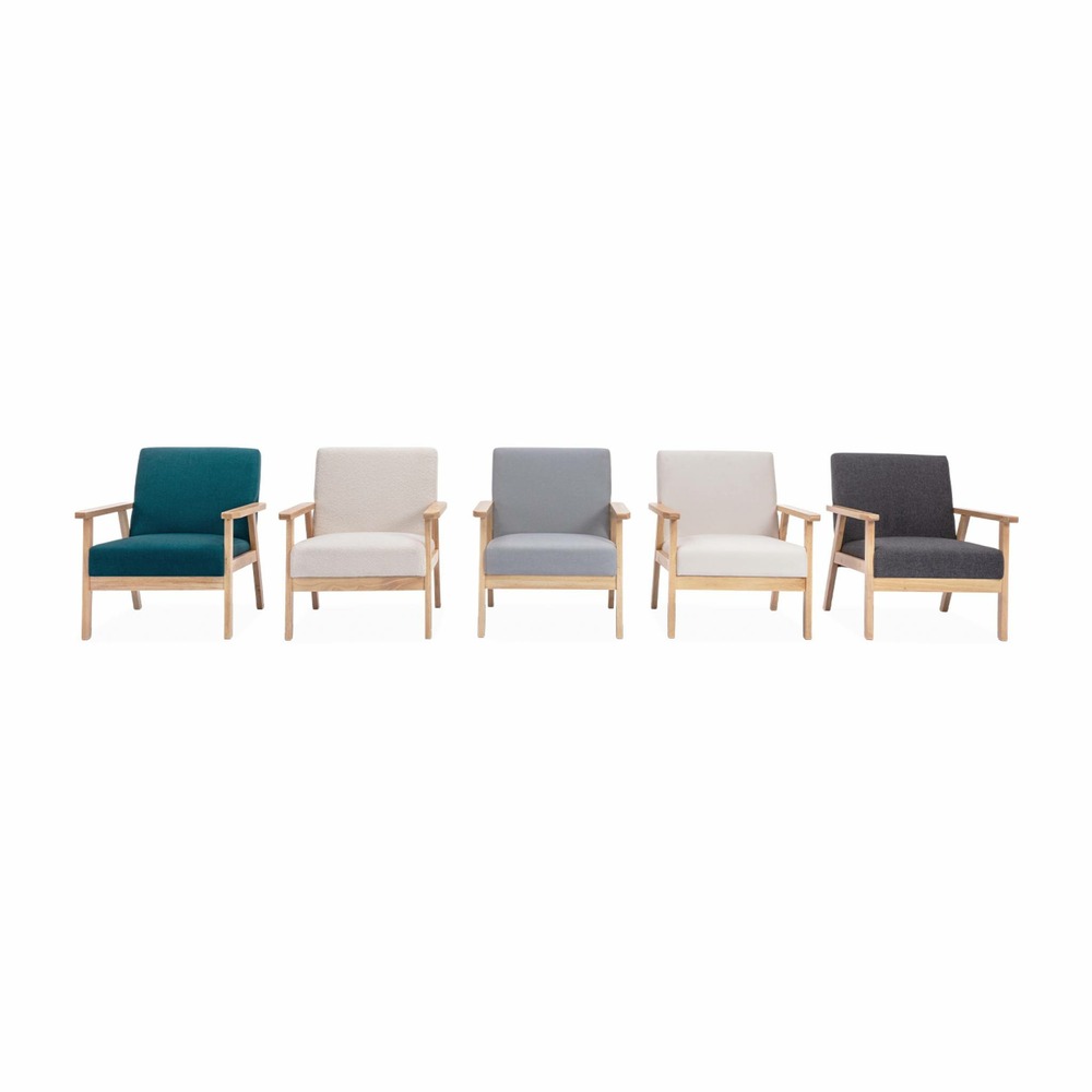 Fauteuil scandinave en bois et tissu bleu pétrole. Isak. L 64 x p 69.5 x h 73cm