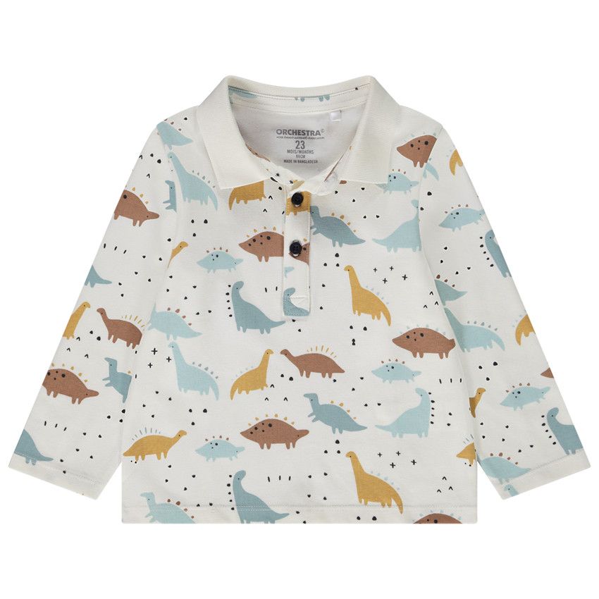 Polo manches longues en jersey imprimé dinosaures pour bébé garçon - Ecru