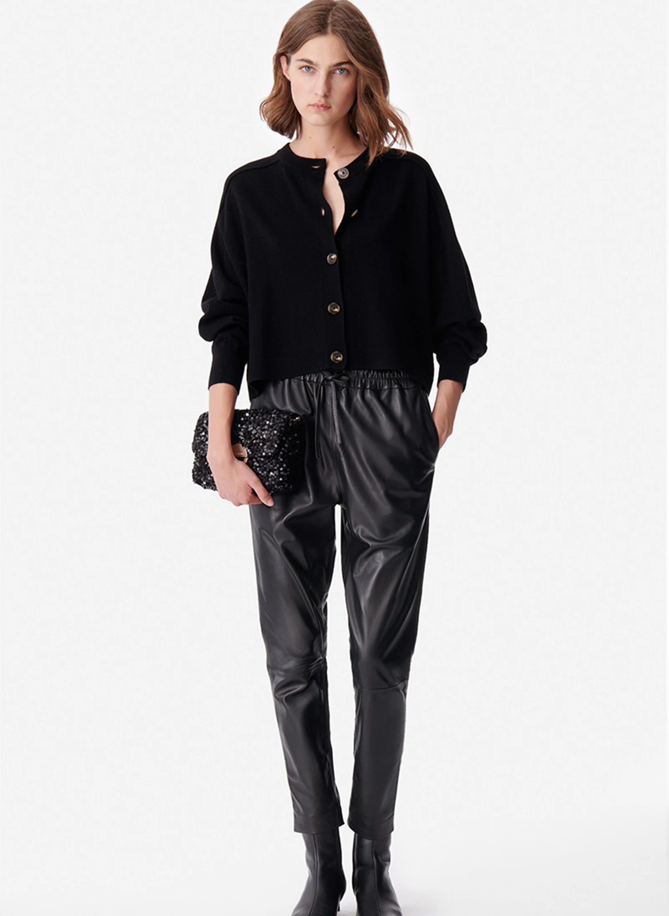 DOUVE - Cardigan col rond ample en laine | Noir