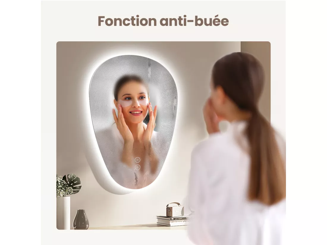 EMKE Miroir Salle de Bain avec Éclairage, 70 x 50 cm, Miroir LED Asymétrique, Interrupteur Tactile, 3 Couleurs de Lumière Réglables, Miroir Anti-Buée