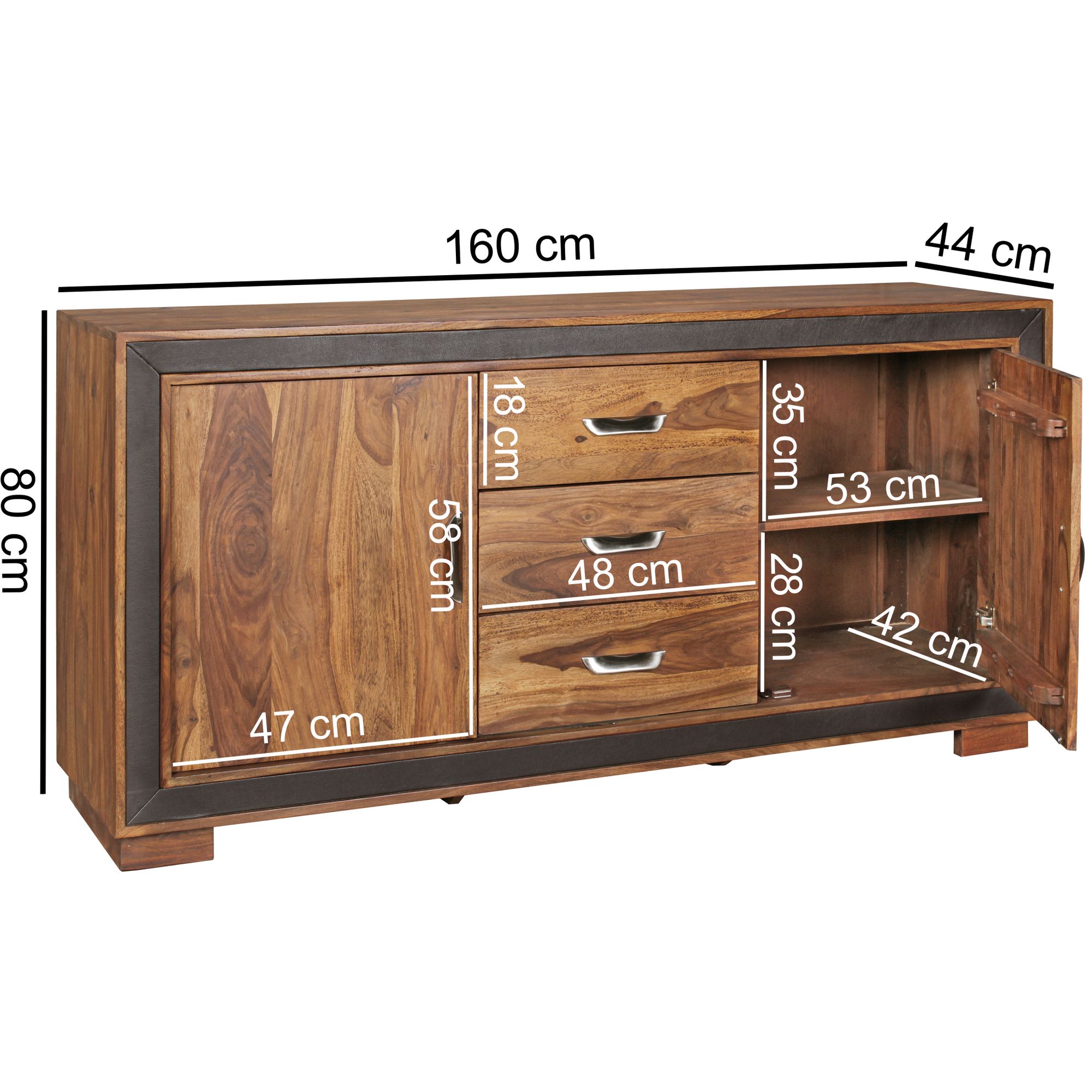 KADIMA DESIGN Rustikales Sideboard, Sheesham Massivholz, Kunstleder, 160x44x80 cm