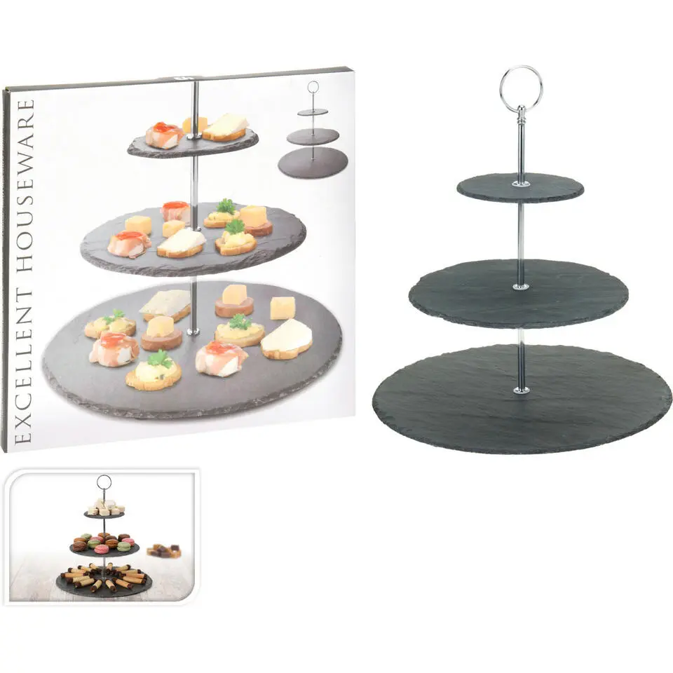 Excellent Houseware Etagere - 3-laags - leisteen - 30 x 34 cm