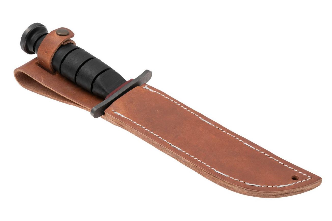 KA-BAR State & Union Dogshead Red Spacer SU6417DH, Gun Blued 1095CV, Stacked Leather, vaststaand mes