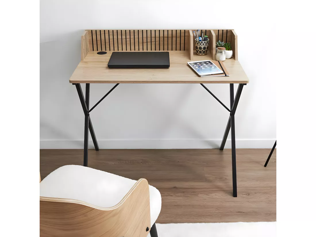 PAJAN - Bureau avec petits rangements Effet Bois avec Tasseaux