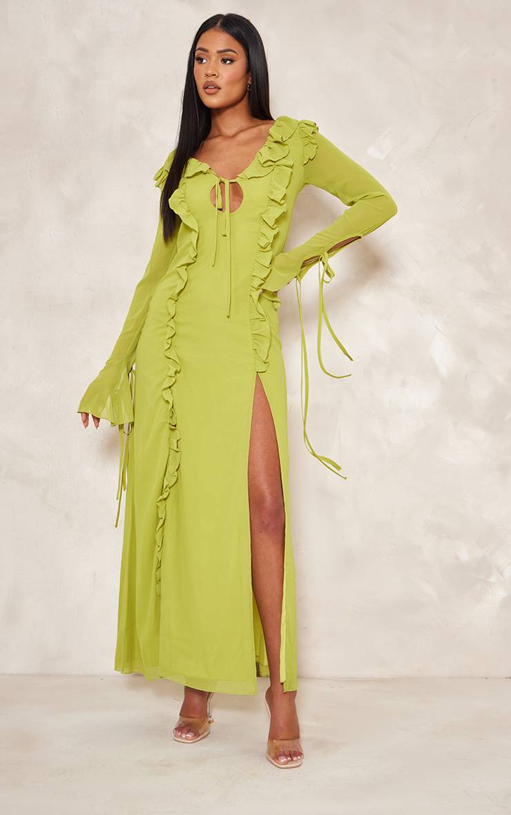 Citron Vert Robe Longue À Manches Longues Et Volants Pour Grandes Tailles