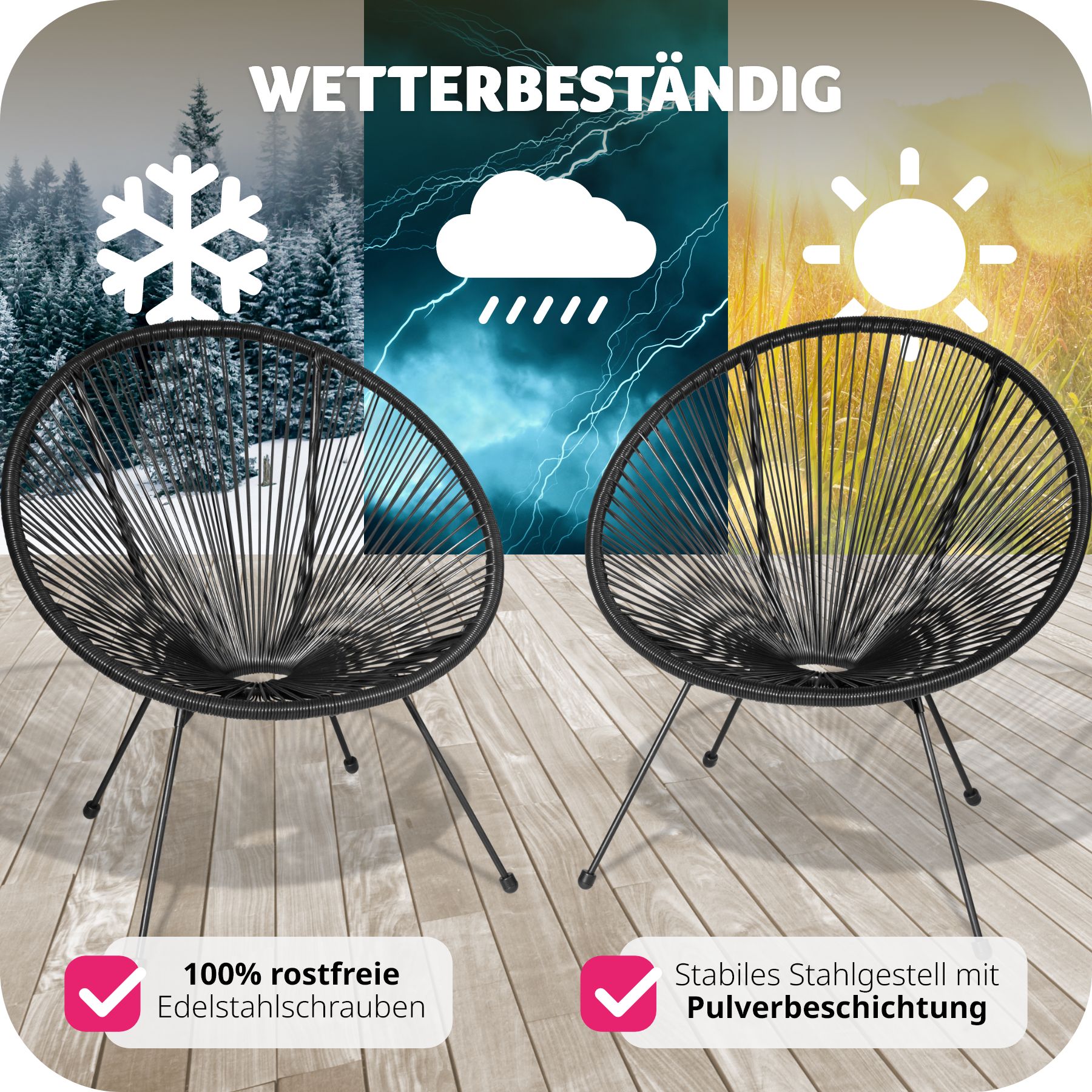 tectake® 2er Set Gartenstuhl, Retro-Design im Acapulco-Stil, filigranes Gestell, Belastbarkeit 120 kg, 70,5 x 69 x 78 cm