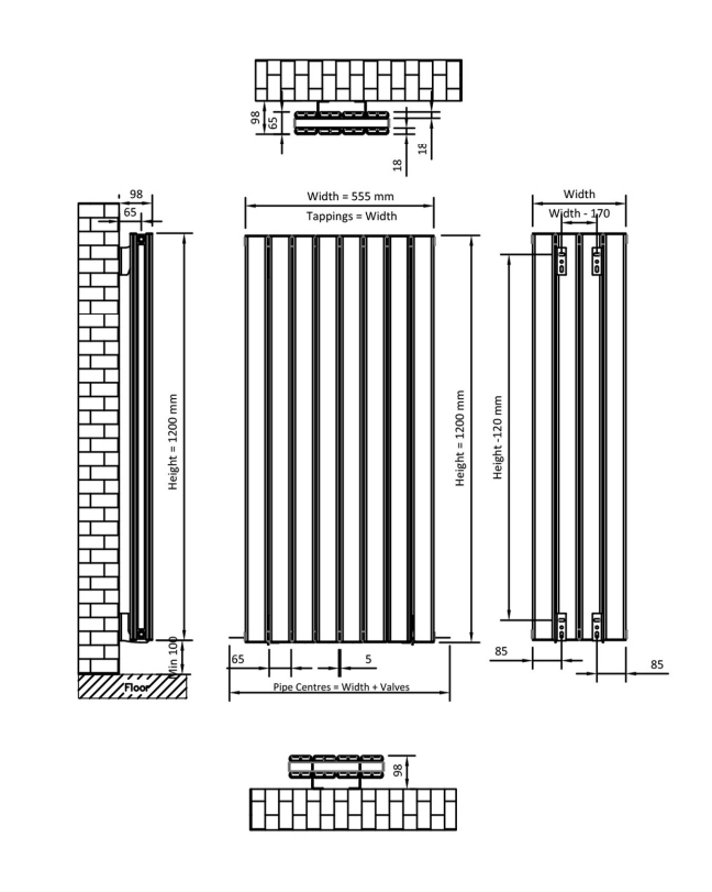 Eastbrook Hadleigh radiator 55x120cm aluminium 1558W zwart mat