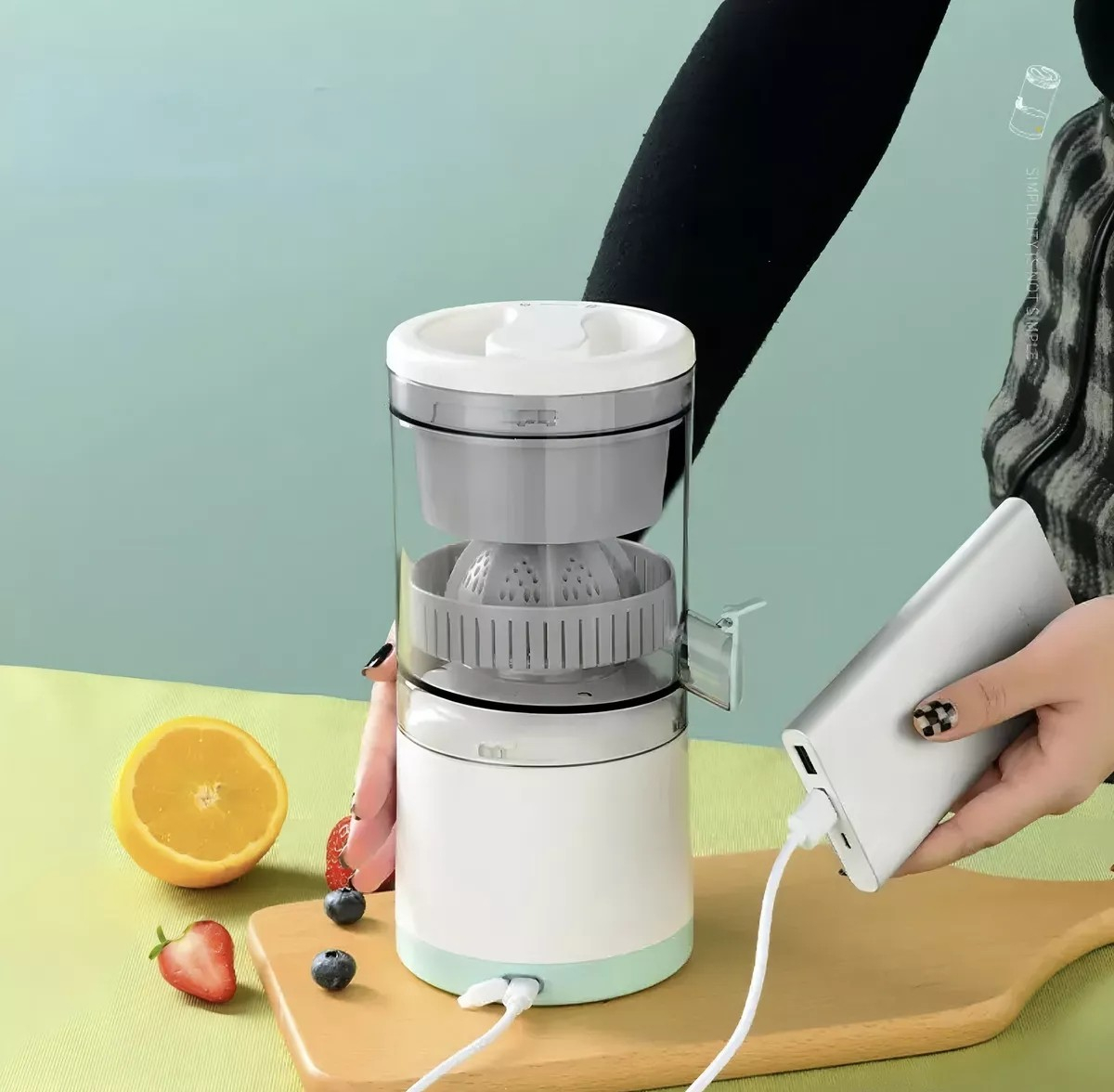 (4-tlg. Set) 400ml Elektrische USB Orangen Saft Presse Tragbarer Zitronen Entsafter Zitruspresse - Weiss / Türkis