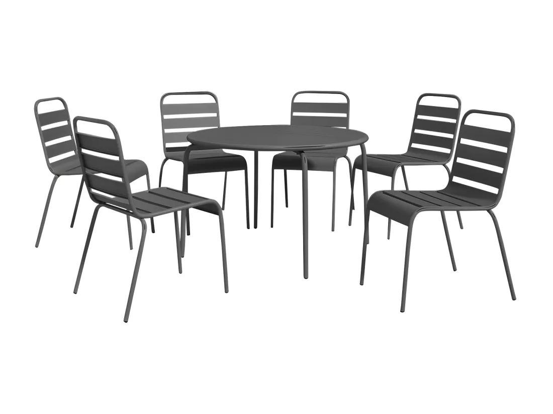 Salle à manger de jardin en métal - une table ronde D.130cm et 6 chaises empilables - Gris anthracite - MIRMANDE de MYLIA