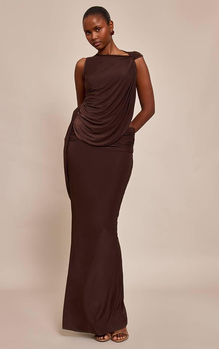 Chocolat Jupe Longue En Tissu Slinky Froncée À La Taille