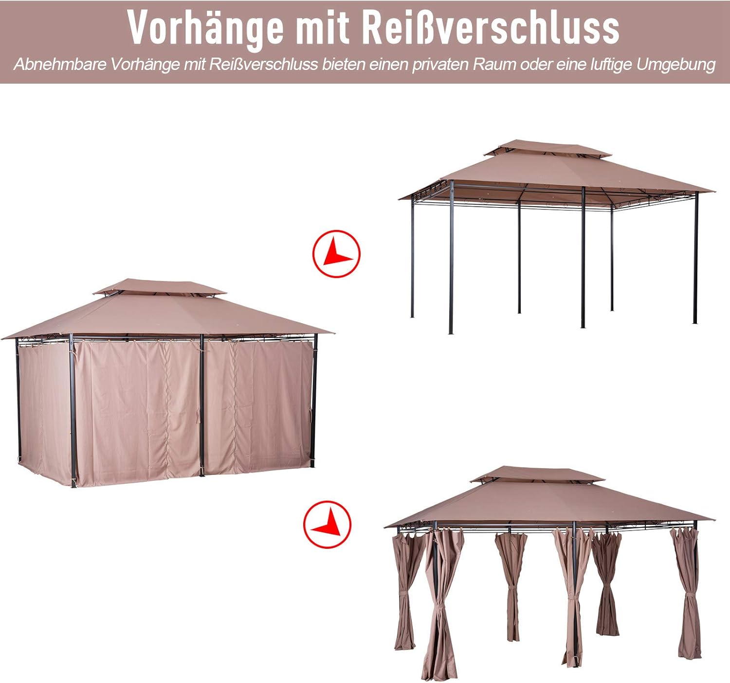 Outsunny Pavillon 3x4m Gartenpavillon mit 6 Seitenteilen Partyzelt Gartenzelt Festzelt mit Doppeldach Khaki