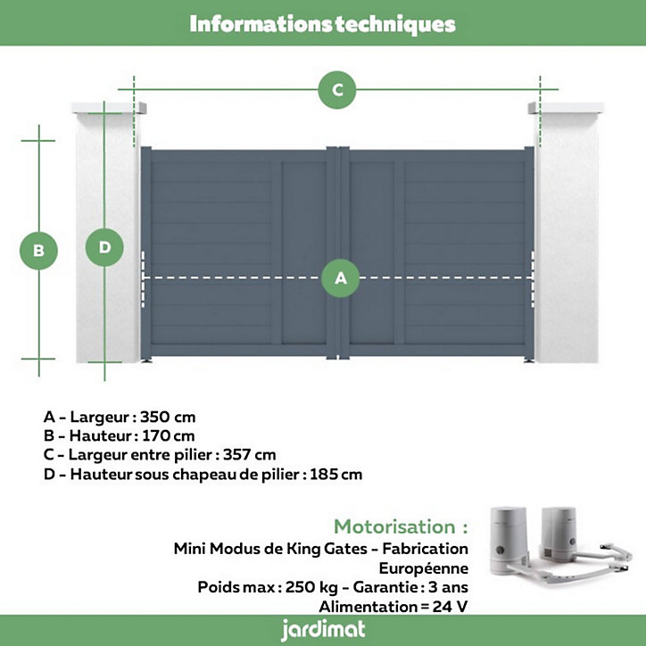 Portail Jardimat battant motorisé aluminium Aquarelle gris anthracite - 350 x h.170 cm