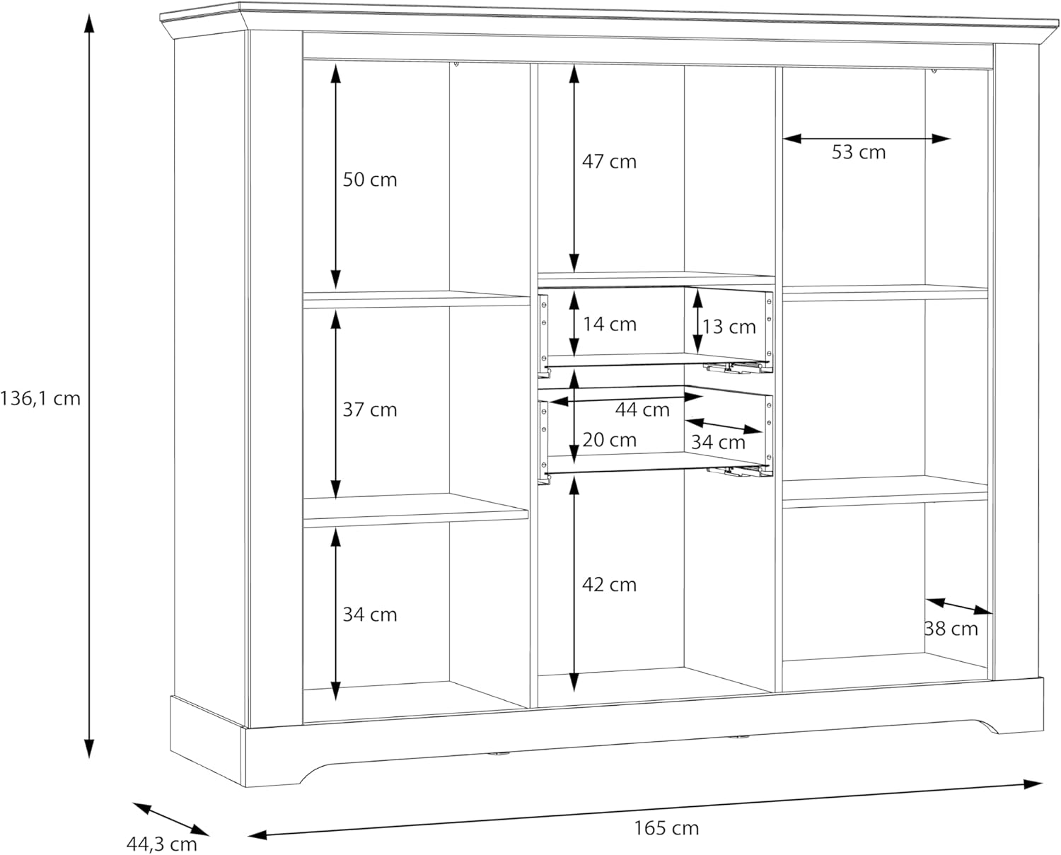 Forte ILOPPA Vitrine 165, Vitrine mit 3 Türen und 2 Schubladen, Vitrinenschrank im Landhausstil, Holzwerkstoff, Nelson Eiche/Schneeeiche Holzdekor, 165 cm breit x 136,1 cm hoch x 44,3 cm tief