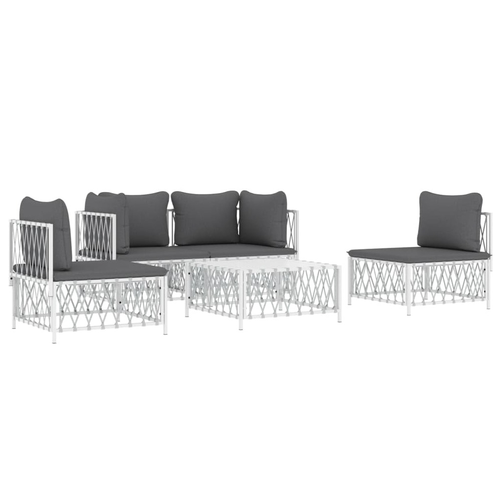 Salon de jardin meuble d'extérieur ensemble de mobilier avec coussins 5 pièces blanc acier