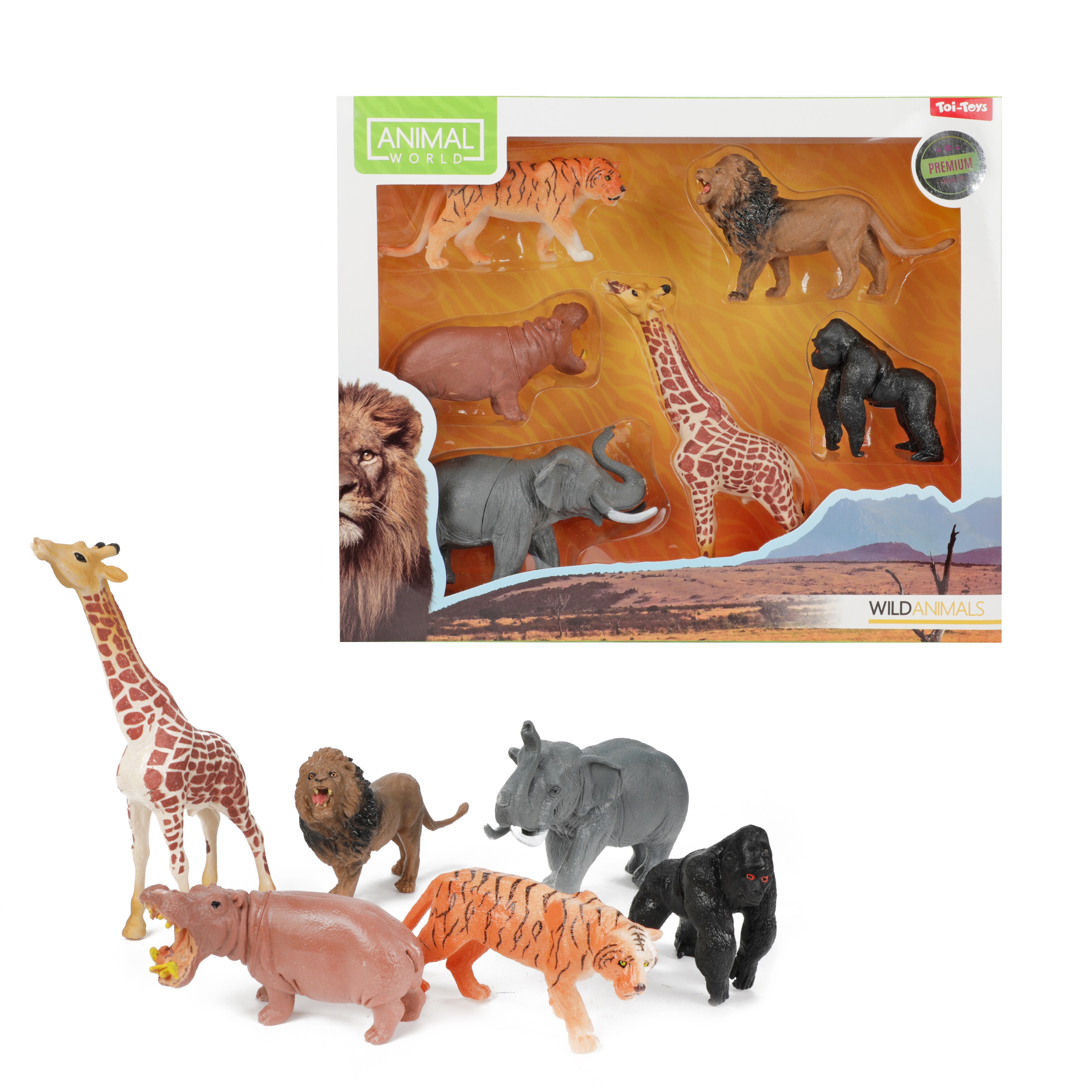 Toi-Toys - Animal World Tierfiguren - 5 Wilde Tiere (Tiger, Löwe, Nilpferd, Elefant, Giraffe, Gorilla)