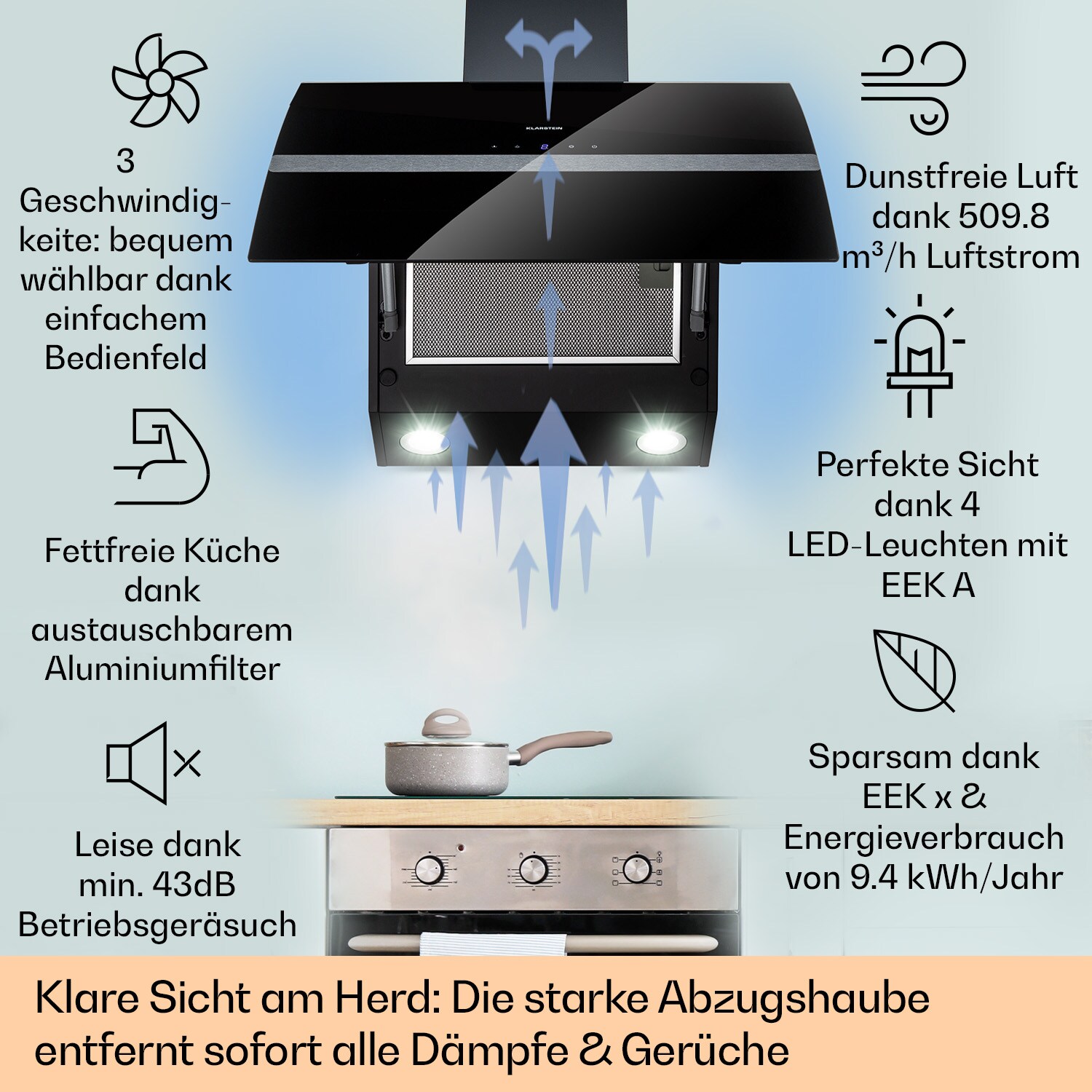 Clara 60 Dunstabzugshaube Glas 509 m³/h Touch Ambiente-Licht Schwarz