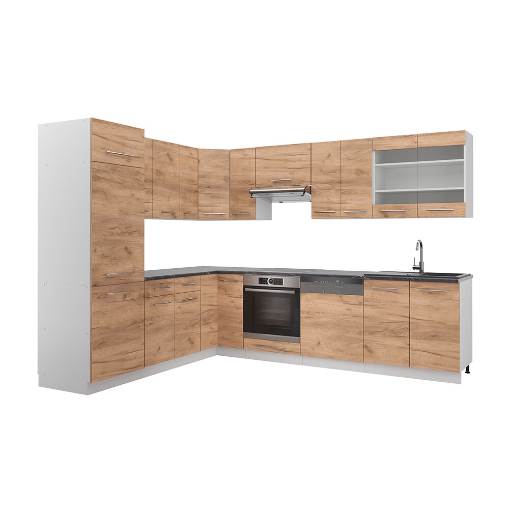 Vicco Eckküche Küchenzeile Einbauküche Fame-Line Weiß Eiche 227x287 cm modern Spülenunterschrank Schubunterschrank Eckunterschrank Herdumbauschrank Hängeschrank Kühlumbauschrank Hängeglasschrank