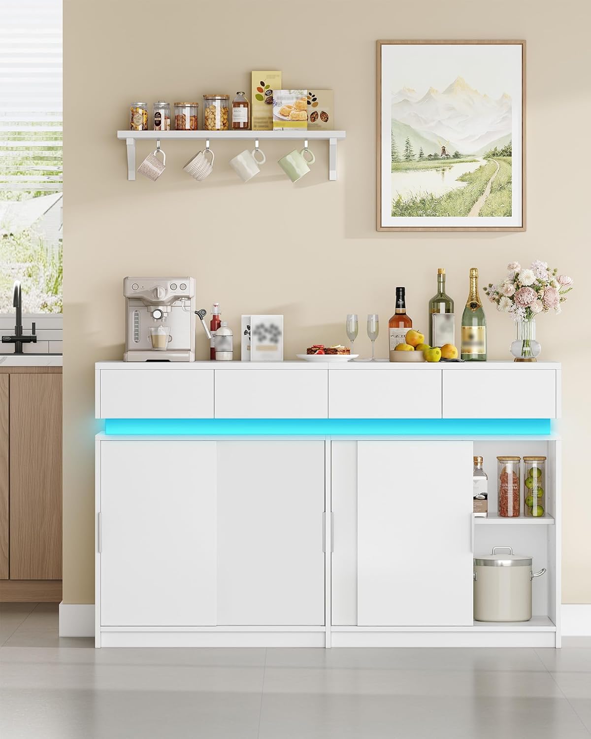 Hzuaneri Sideboard mit 4 Schubladen, Küchenschrank mit 4 Schiebetüren, Buffetschrank mit Steckdosenleiste und LED-Licht, verstellbares Regal, Küche, Wohnraum, 40 x 140 x 85 cm, Weiß SC00403XEU