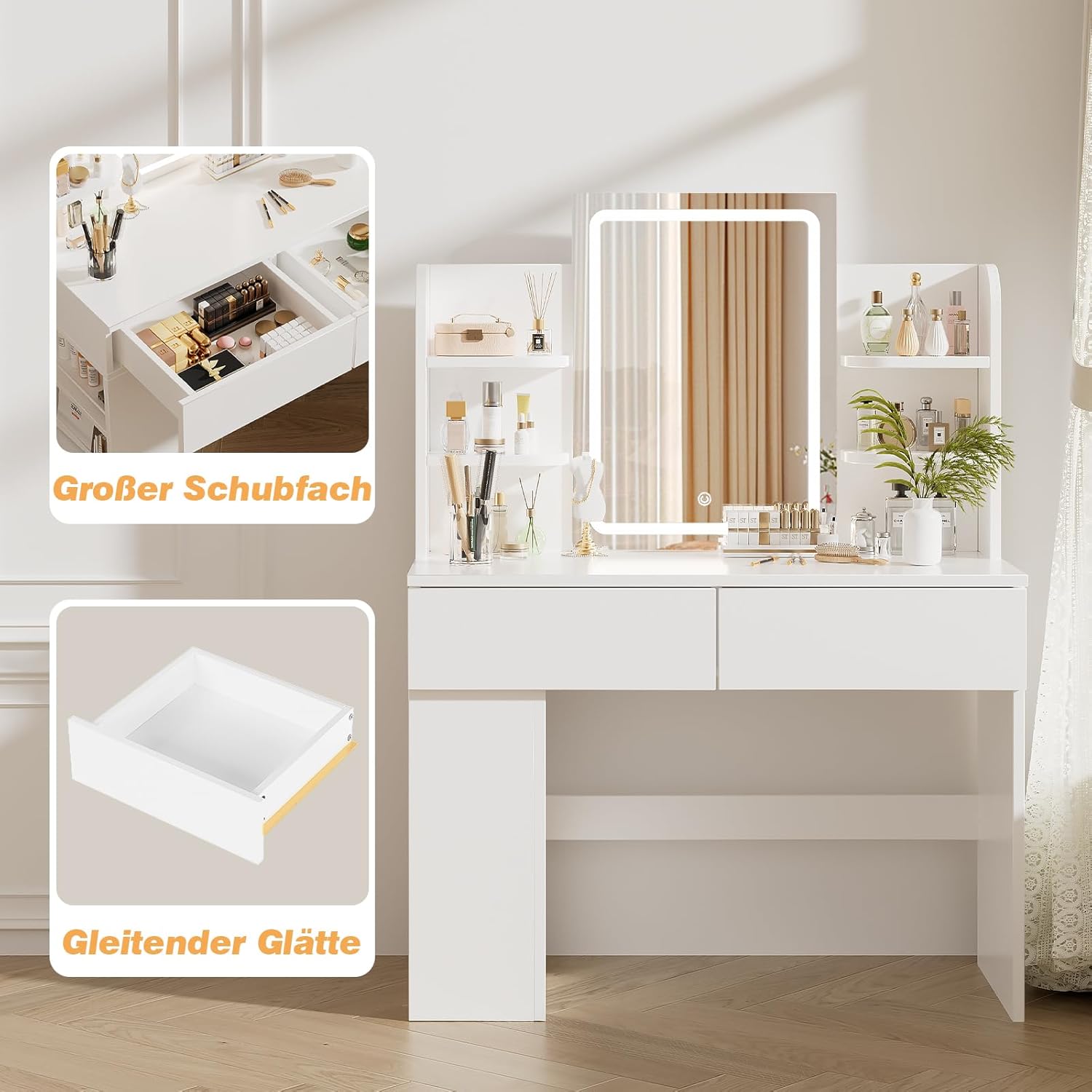 Airfish Schminktisch mit LED Beleuchtung, Frisiertisch mit Hocker und Spiegel, 2 Schubladen, Farbtemperaturen und Helligkeit Einstellbar (Weiß Schminktisch+Hocker)