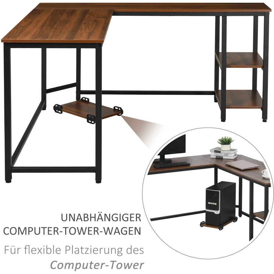 HOMCOM Computertisch in L-Form Walnuss, schwarz