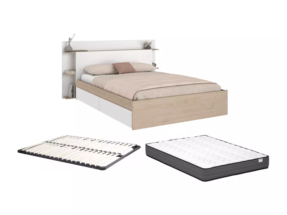 Lit 140 x 190/200 cm avec 4 tiroirs - Coloris : Naturel et blanc + Sommier + Matelas - TILONIDE