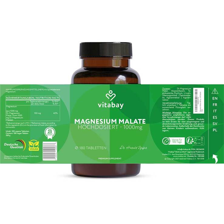 Magnesium Malate 1000 mg vegan hochdosiert Tabletten, 180 St